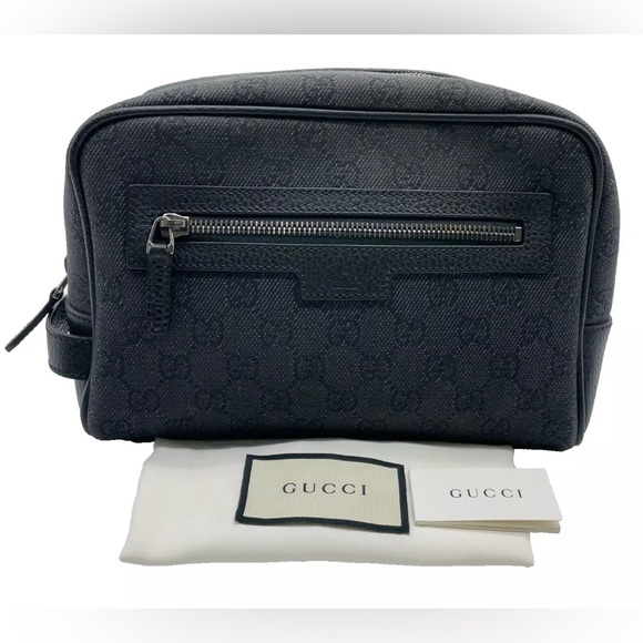 Auth Gucci GG Black denim all-over pattern Clutch bag W/Dust Black Toiletry Bag - Picture 1 of 16
